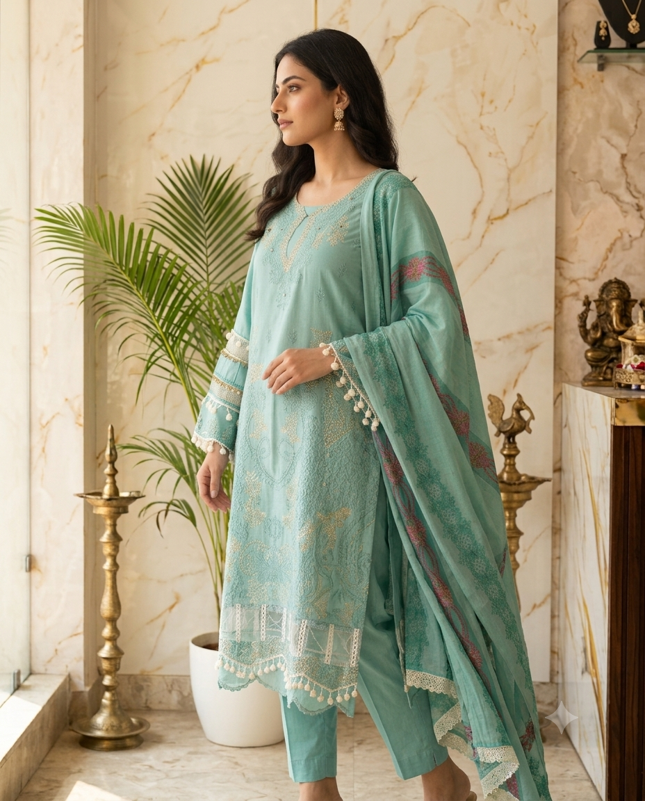 Aqua Green Pakistani Concept Pure Cotton Suit - Image 3