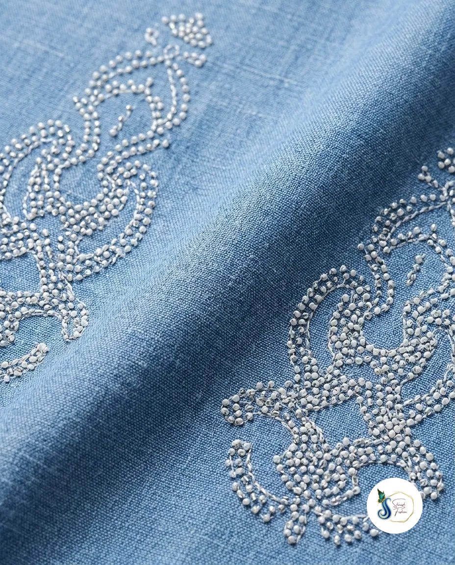 Denim Cord Set with Knot Stitch Detail - Image 2