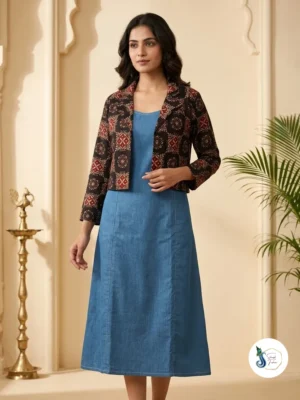 Denim One Piece with Ajrak Print Jacket