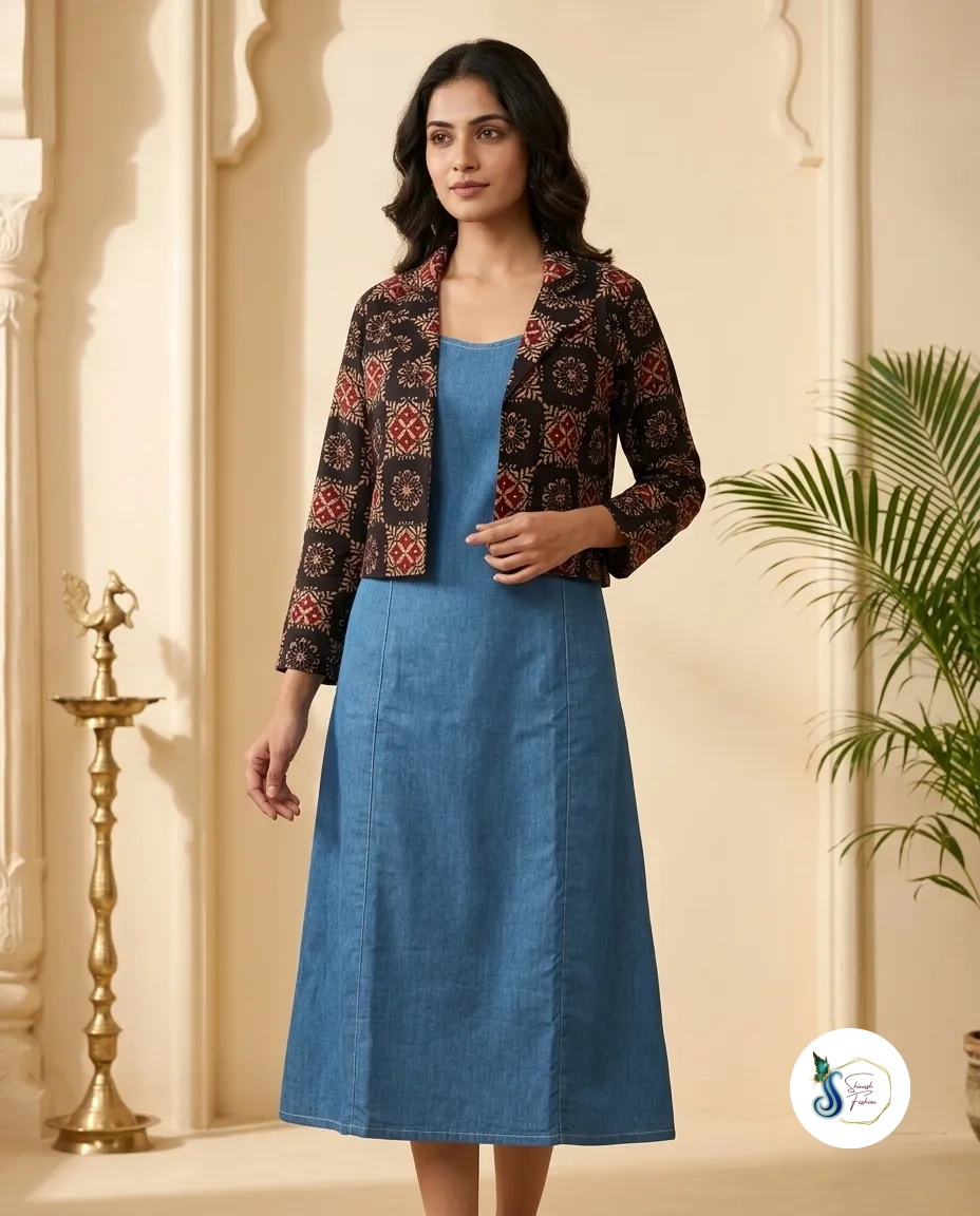 Denim One Piece with Ajrak Print Jacket