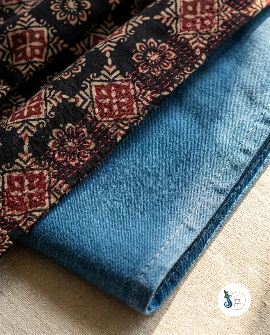 Denim One Piece with Ajrak Print Jacket - Image 2