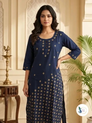 Neelika – Navy Pure Cotton Gujarati Handwork Kurti with pocket