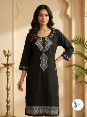 Noir Kantha – Pure Cotton Black Handwork Kurti with pocket