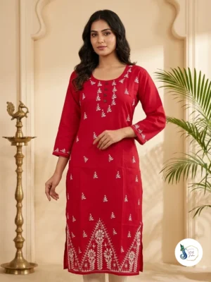 Ruhani Red Pure Cotton Kantha Handwork Kurti