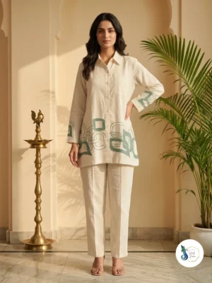 Khadi Cord Set with Aqua Green Patch Work