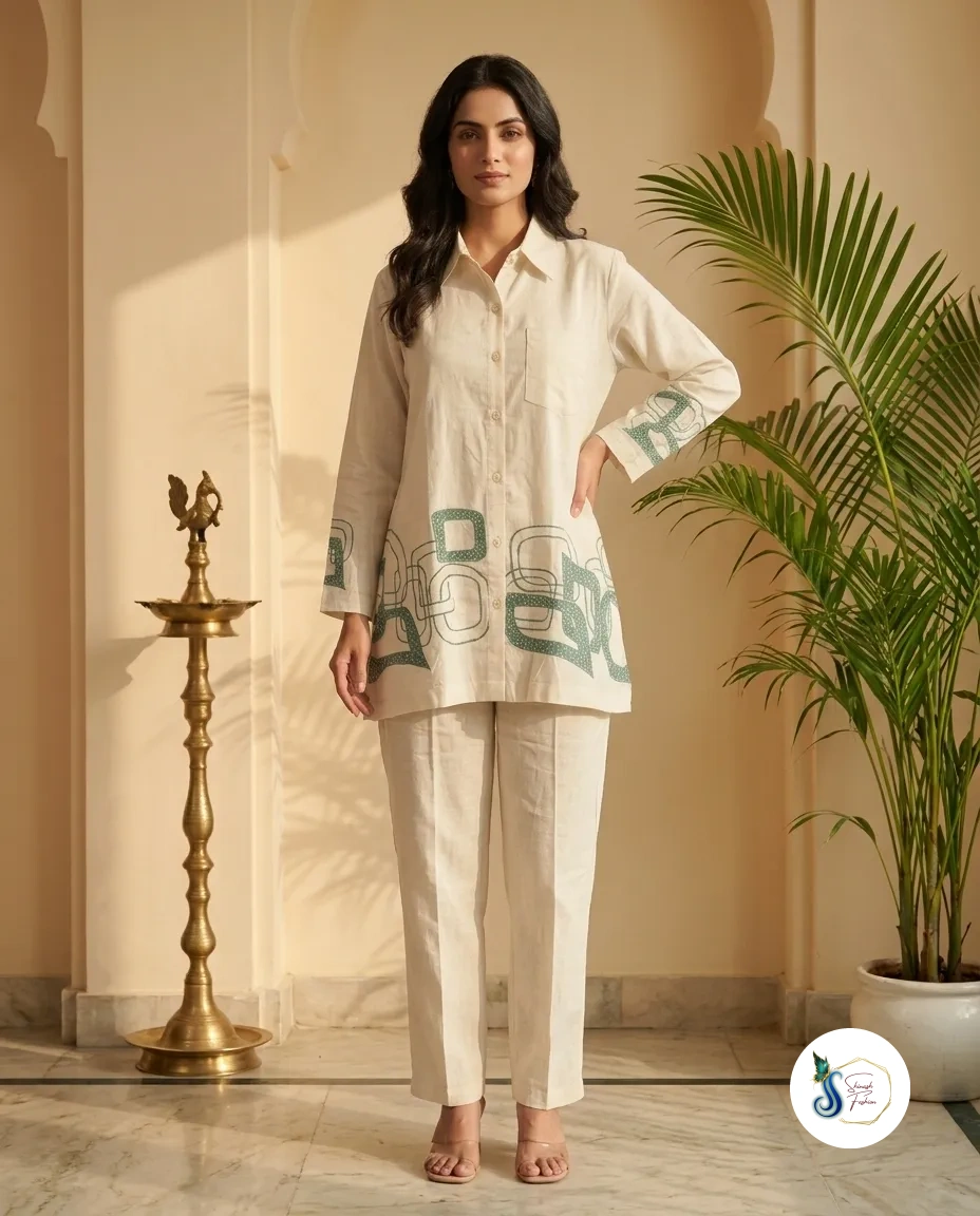 Khadi Cord Set with Aqua Green Patch Work