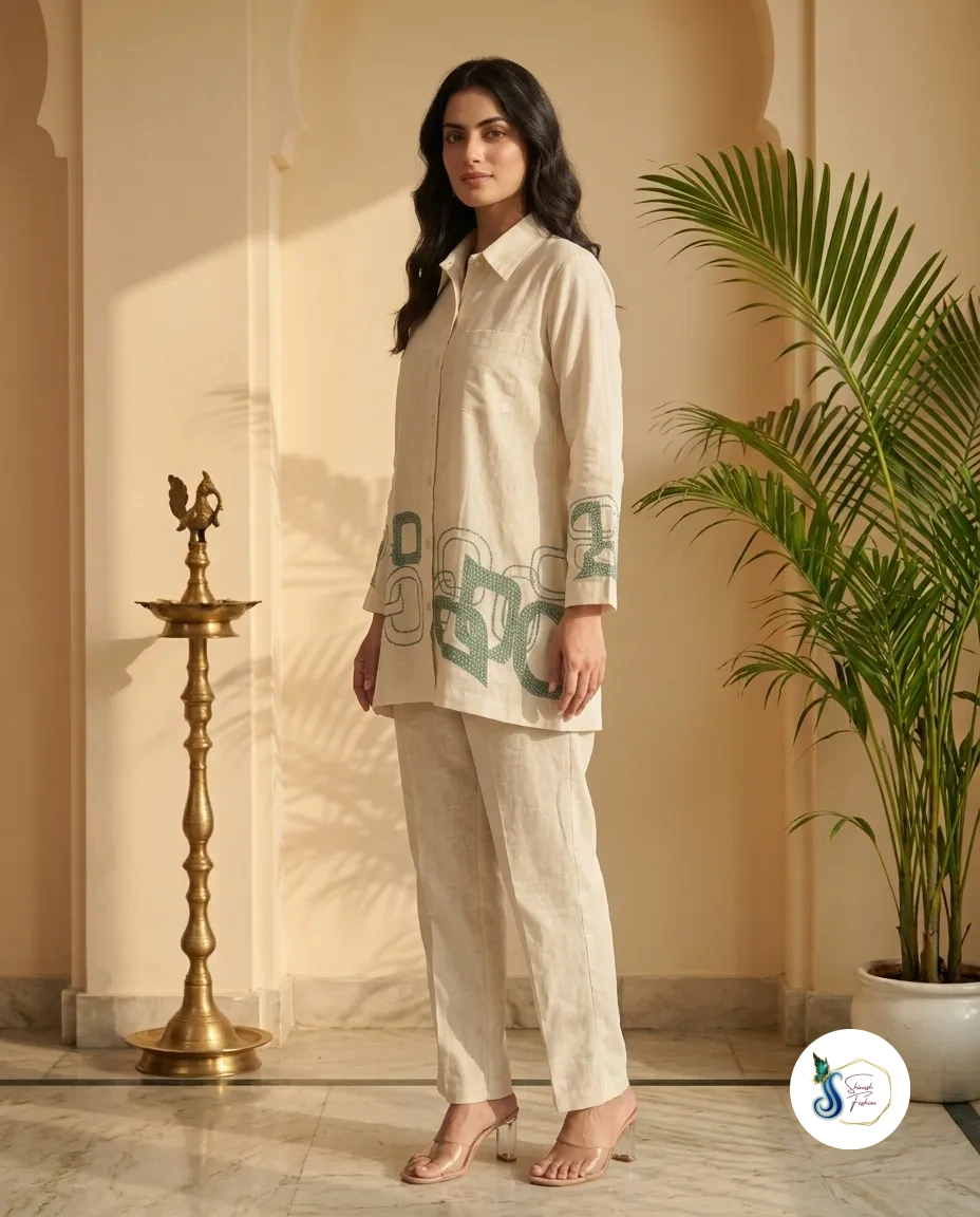 Khadi Cord Set with Aqua Green Patch Work - Image 3