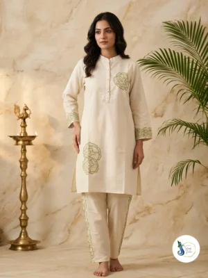 Khadi Cord Set with Light Green Thread & Pearl Work