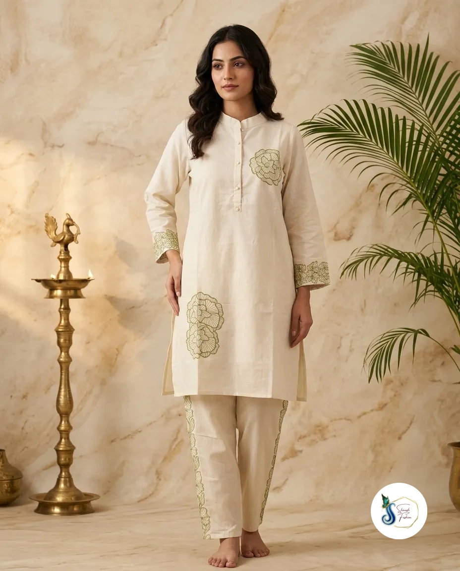 Khadi Cord Set with Light Green Thread & Pearl Work