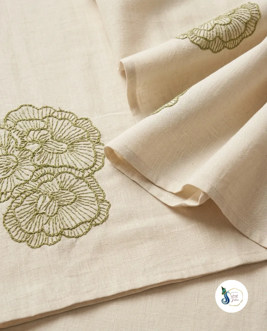 Khadi Cord Set with Light Green Thread & Pearl Work - Image 3