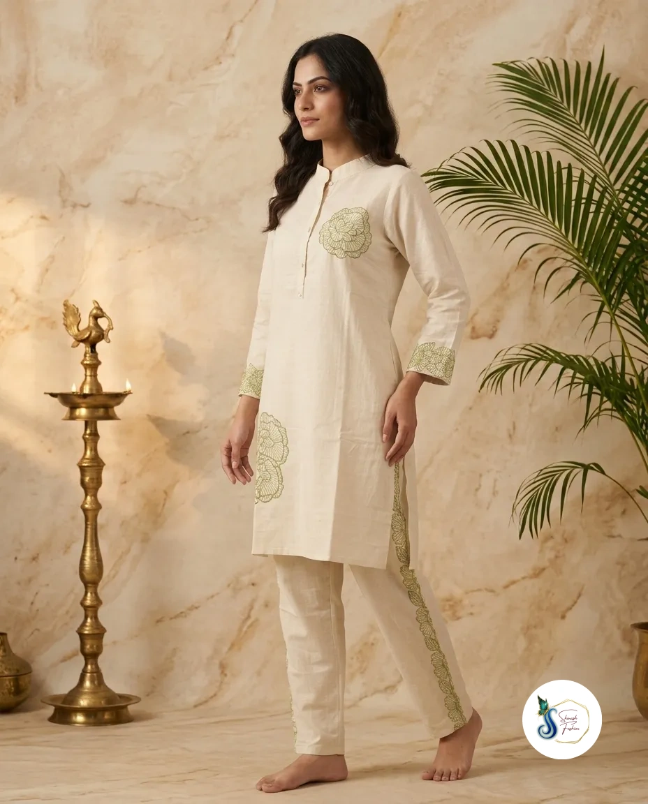 Khadi Cord Set with Light Green Thread & Pearl Work - Image 2