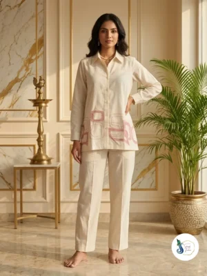 Khadi Cord Set with Pink Patch Work