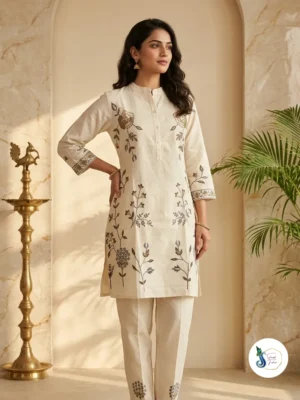 Khadi Cotton Cord Set with Green Floral Thread Work