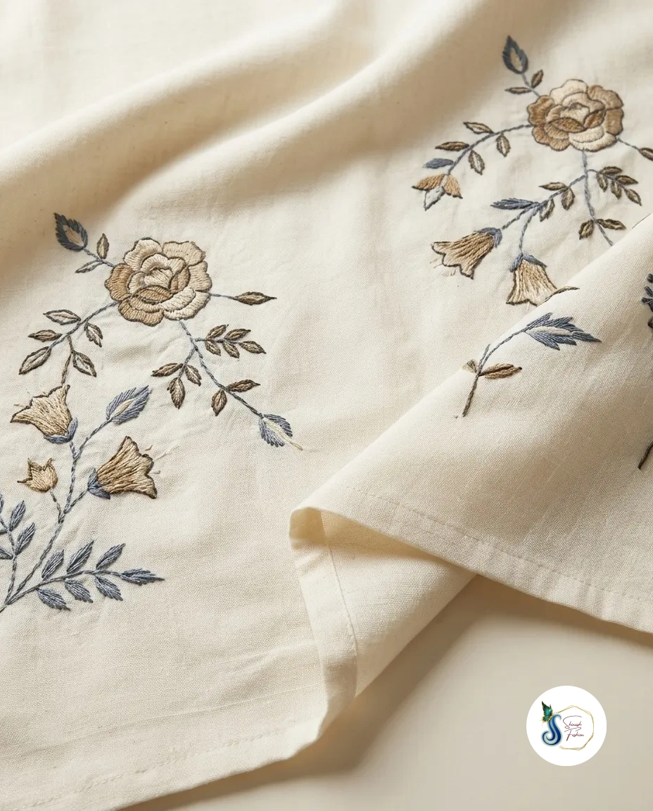 Khadi Cotton Cord Set with Green Floral Thread Work - Image 2