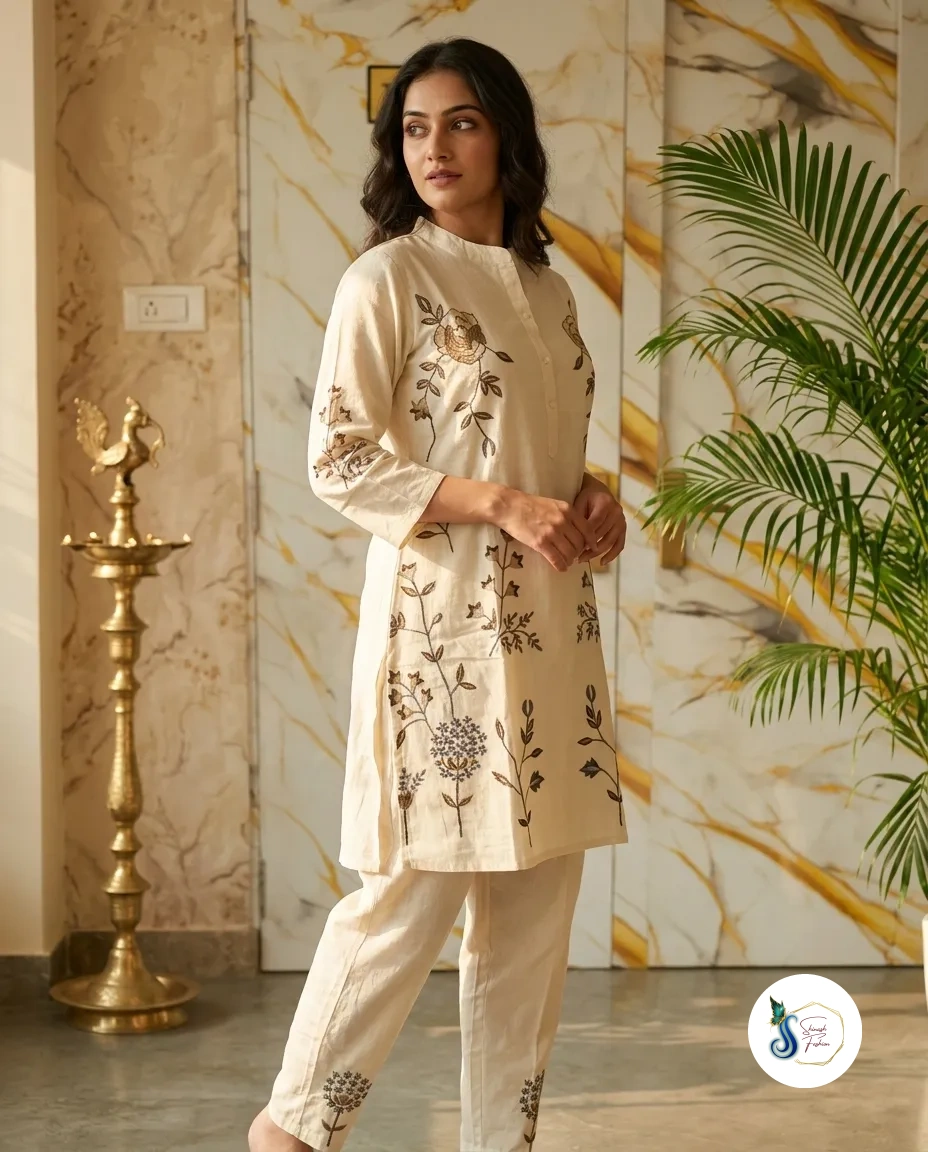 Khadi Cotton Cord Set with Green Floral Thread Work - Image 3
