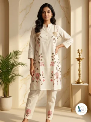 Khadi Cotton Cord Set with Pink Floral Thread Work