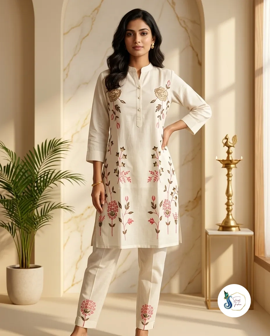 Khadi Cotton Cord Set with Pink Floral Thread Work