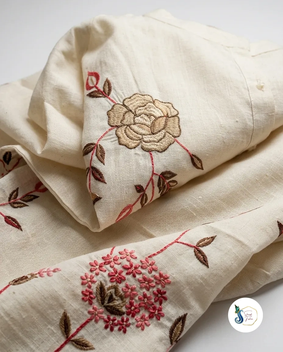 Khadi Cotton Cord Set with Pink Floral Thread Work - Image 2