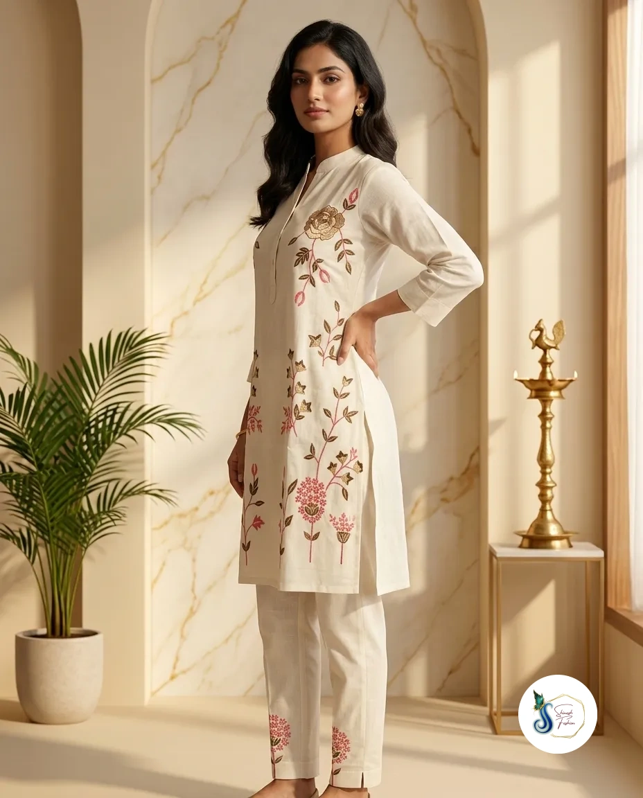 Khadi Cotton Cord Set with Pink Floral Thread Work - Image 3