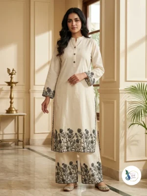 Black Khadi Cotton Long Cord Set with Thread Work