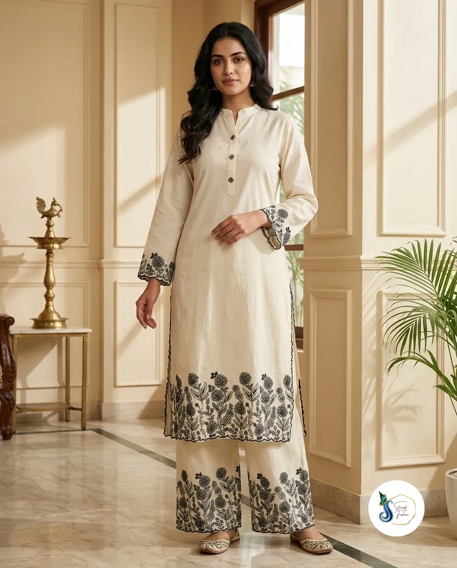 Black Khadi Cotton Long Cord Set with Thread Work