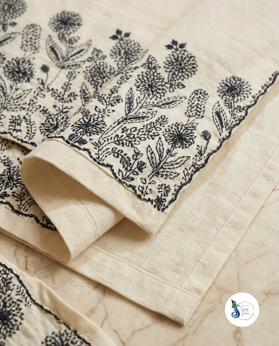 Black Khadi Cotton Long Cord Set with Thread Work - Image 2