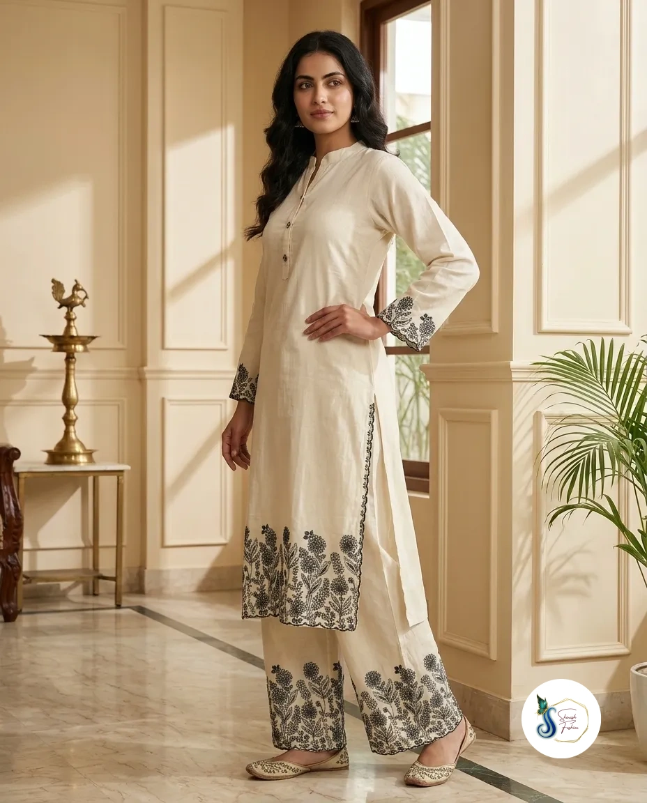 Black Khadi Cotton Long Cord Set with Thread Work - Image 3