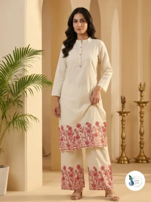Red Khadi Cotton Long Cord Set with Thread Work