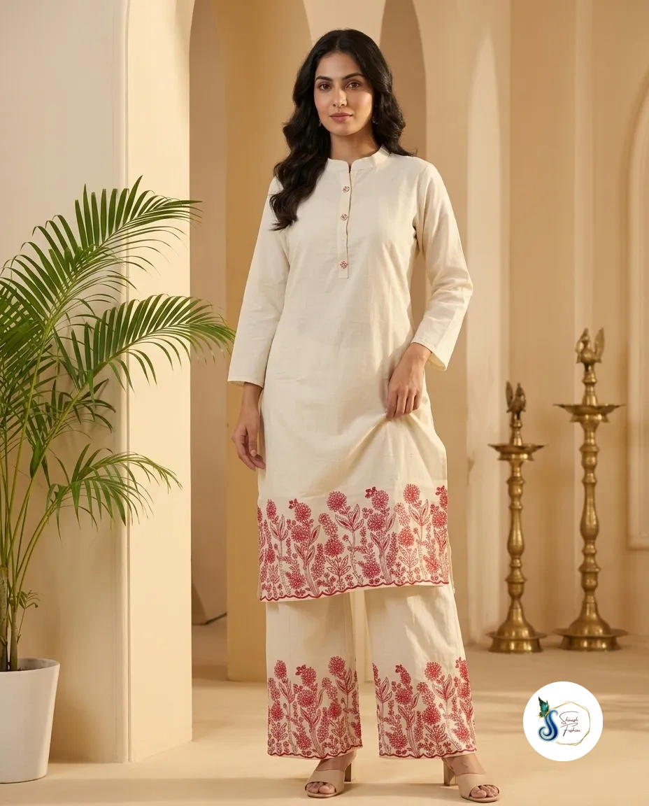 Red Khadi Cotton Long Cord Set with Thread Work