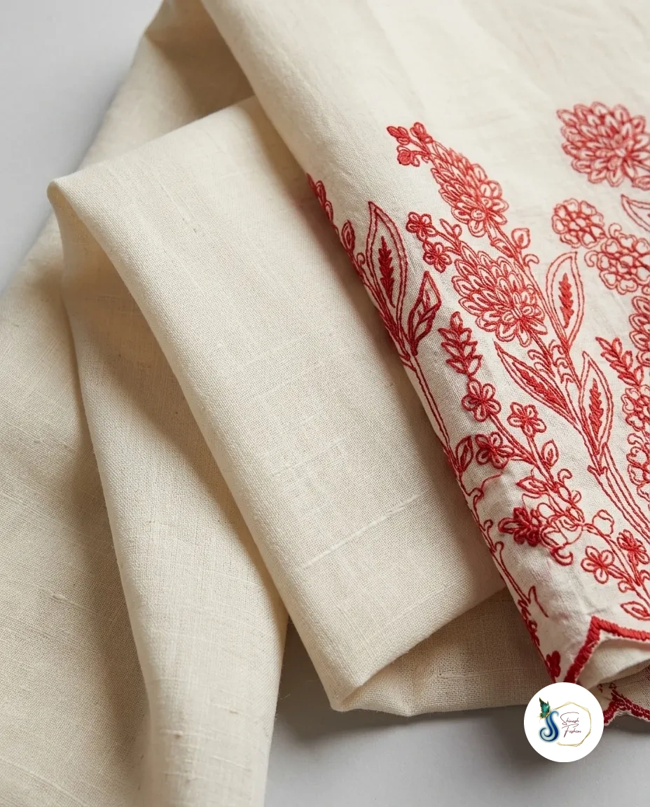 Red Khadi Cotton Long Cord Set with Thread Work - Image 3