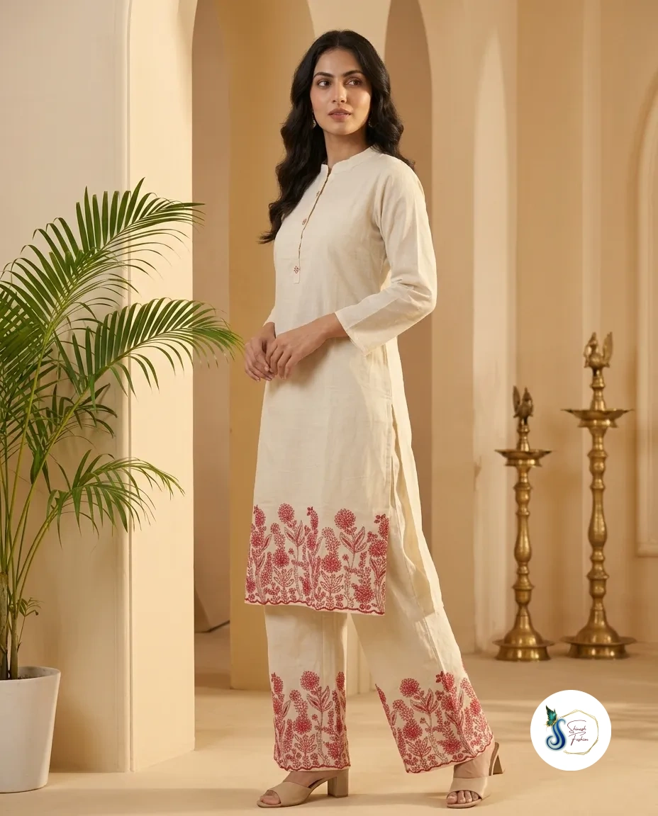 Red Khadi Cotton Long Cord Set with Thread Work - Image 2