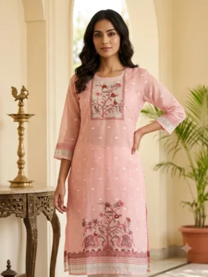 Light Pink Pure Kota Suit with Hand Embroidery