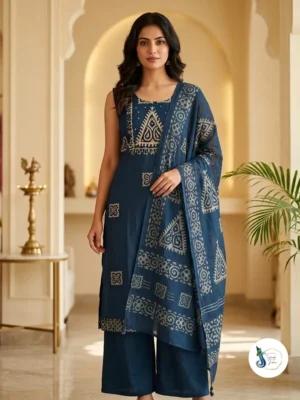 Midnight Teal Batik Silk 3-Piece Set with Sequin Yoke