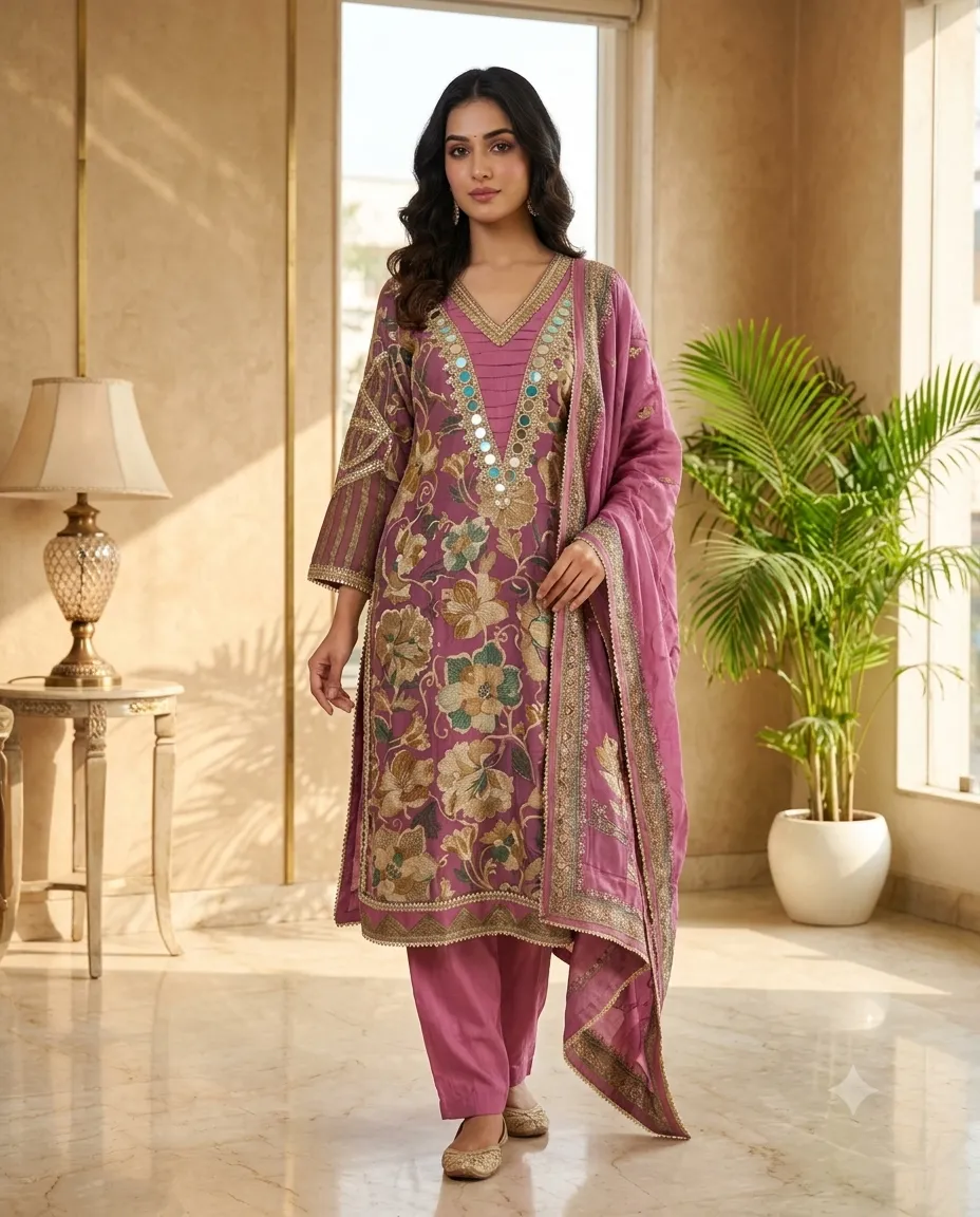Onion Pink Pakistani Jam Cotton Suit with Real Mirror Work