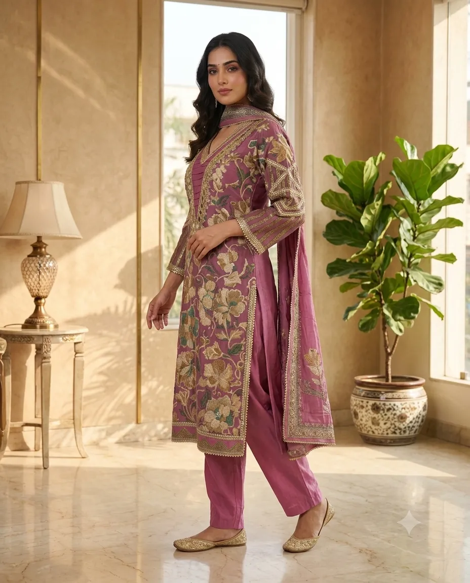 Onion Pink Pakistani Jam Cotton Suit with Real Mirror Work - Image 3