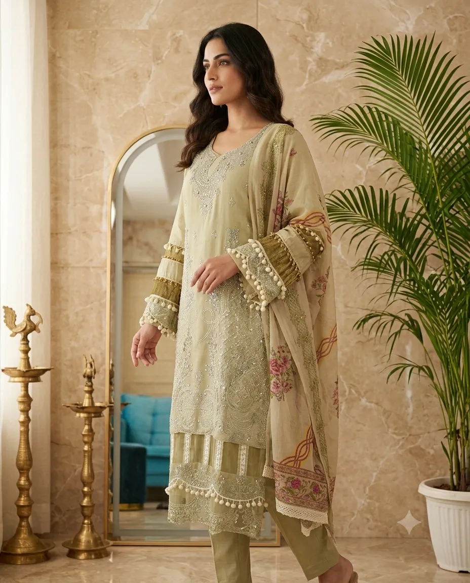 Pista Green Pakistani Concept Pure Cotton Suit - Image 3