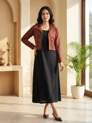 Pure Mashru Silk Black One-Piece with Maroon Ajrakh Hand Block Mashru Jacket
