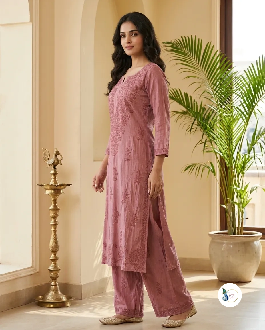 Pure Chanderi Lucknow Chikankari Two Piece Set - Image 3