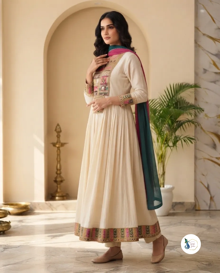 Pure Cotton Anarkali Suit with Gujarati Kach Work - Image 3