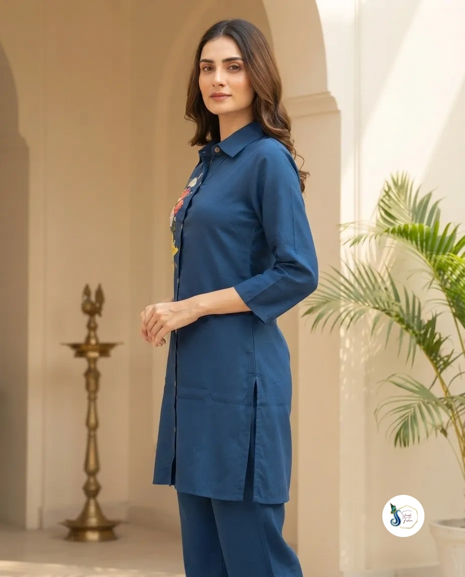 Pure Cotton Cord Set with Floral Thread Work - Image 3