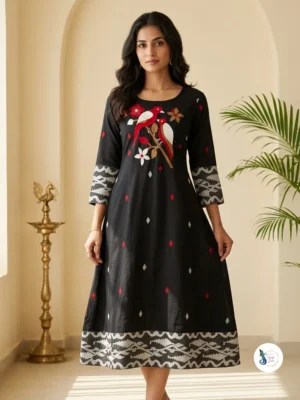 Pure Jamdani Black One Piece with Bird Motifs
