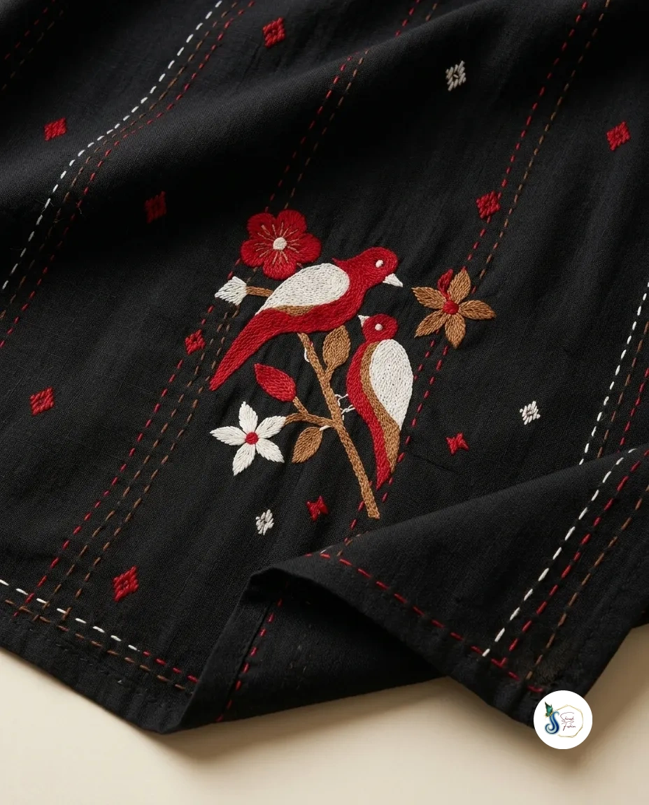 Pure Jamdani Black One Piece with Bird Motifs - Image 2