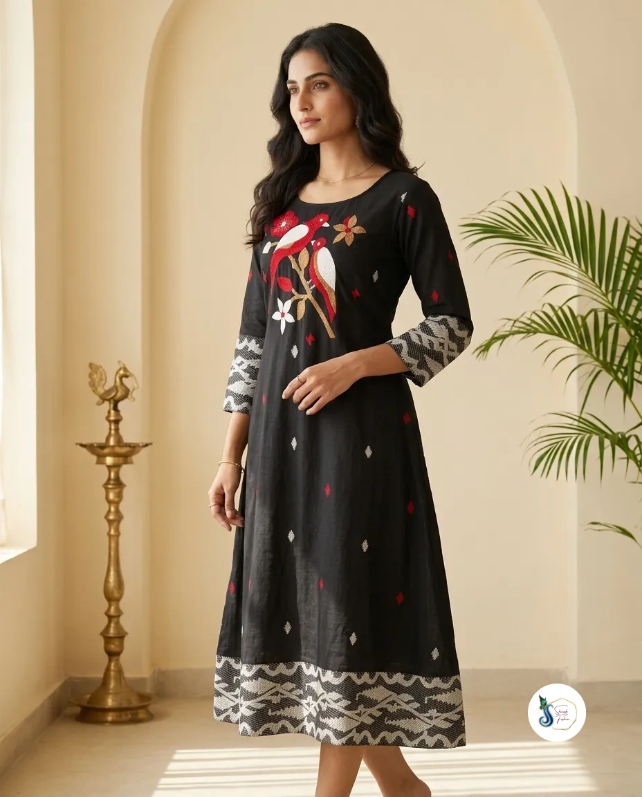 Pure Jamdani Black One Piece with Bird Motifs - Image 3