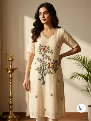 Pure Jamdani Off-White Suit with Bird & Tree Motifs and Cutdana & Beads Handwork