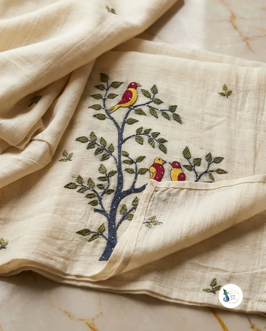 Pure Jamdani Off-White Suit with Bird & Tree Motifs and Kardana & Beads Handwork - Image 3
