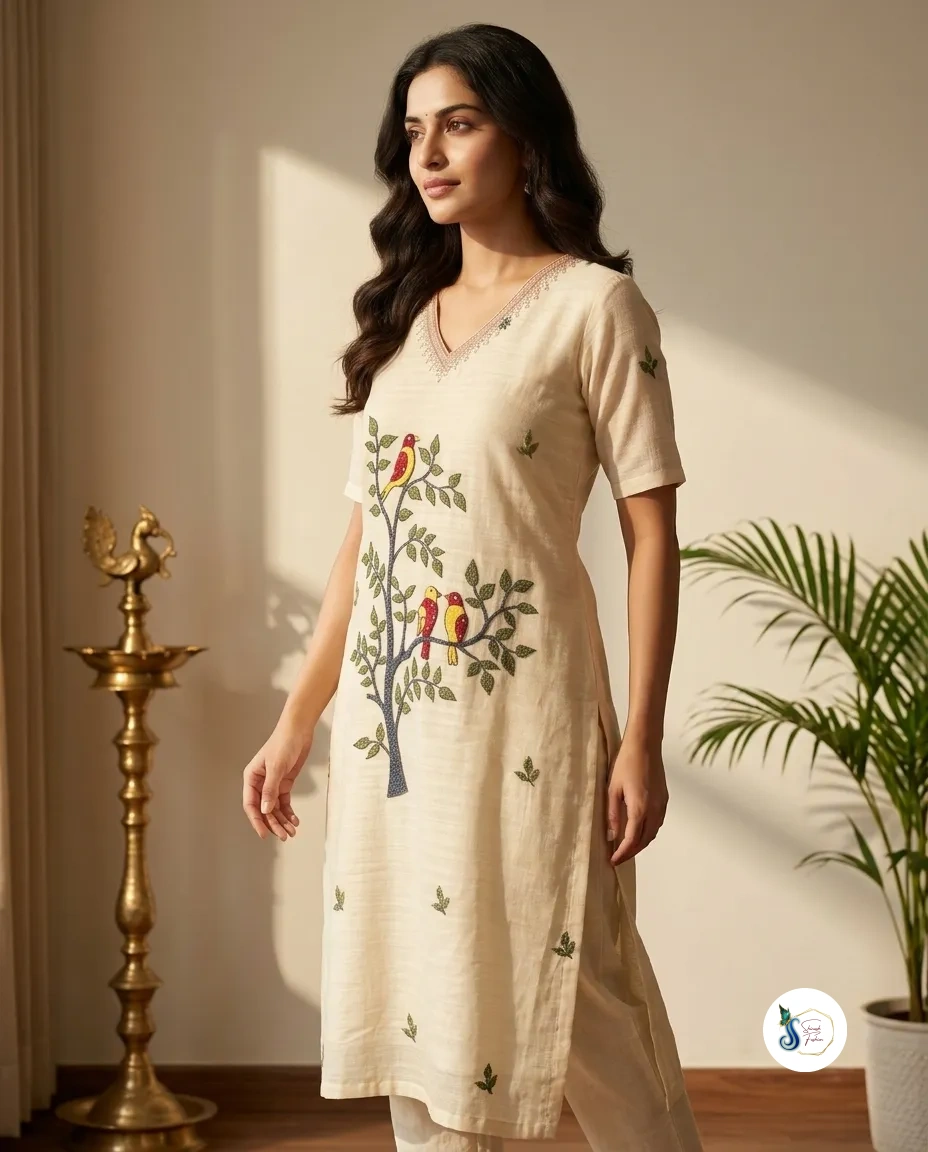 Pure Jamdani Off-White Suit with Bird & Tree Motifs and Kardana & Beads Handwork - Image 2