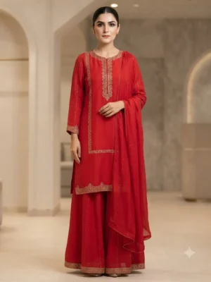 Red Chinon Suit with Golden Sequins & Kardana Work