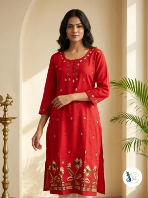 Scarlet Red Pure Cotton Kantha Handwork Kurti with Side Pocket