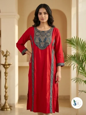 Vermilion Red Modal Silk Statement Kurti with Mirror & Sequin Work