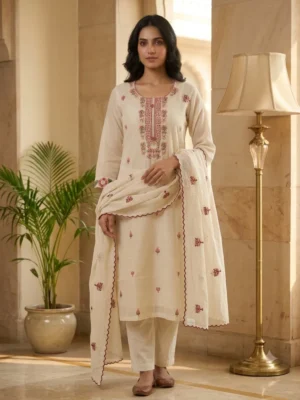 White Kota Suit with Red & Green Embroidery